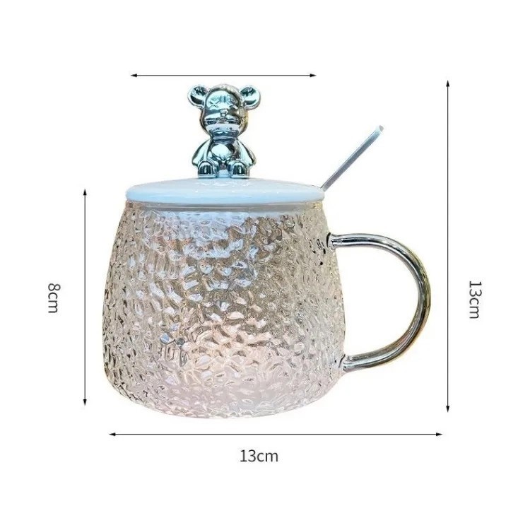 3345- Cốc hút ly thủy tinh tặng kèm nắp gấu,thìa 400ml - Chi tiết
