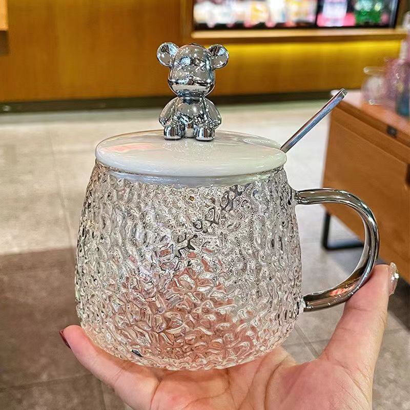 3345- Cốc hút ly thủy tinh tặng kèm nắp gấu,thìa 400ml - Thiết kế