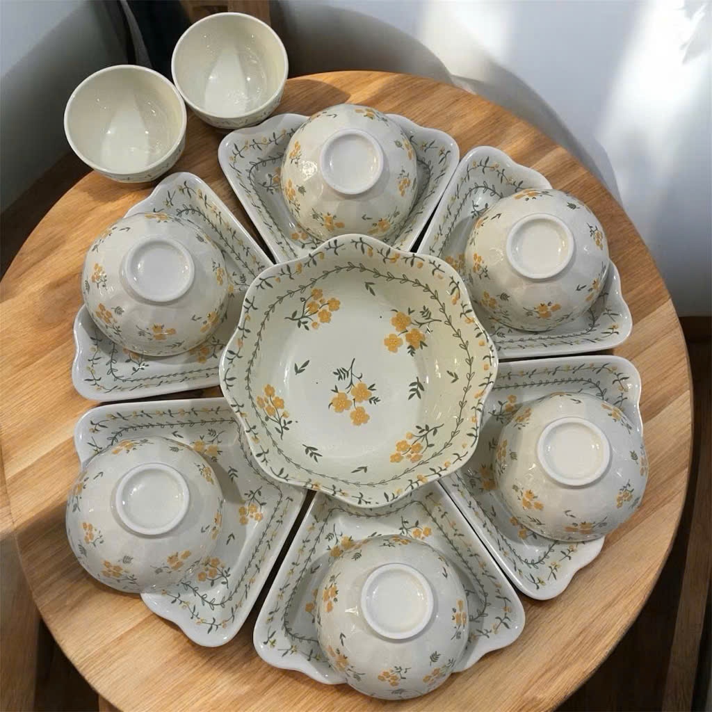 Bộ bát đĩa hoa mai vàng sứ cao cấp Set đĩa hoa mặt trời 4... - Thiết kế