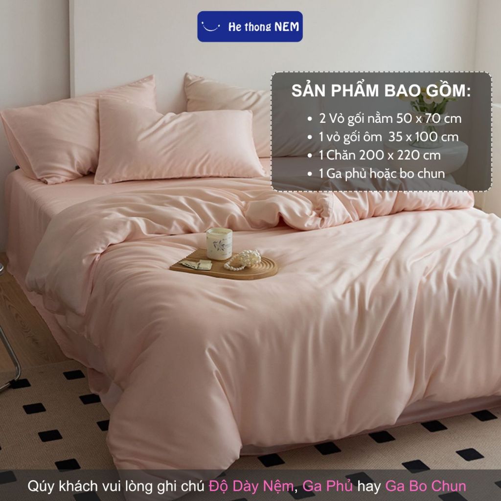 Bộ Ga Giường 5 Món Lụa Tencel Cotton Trơn Cao Cấp - Chi tiết