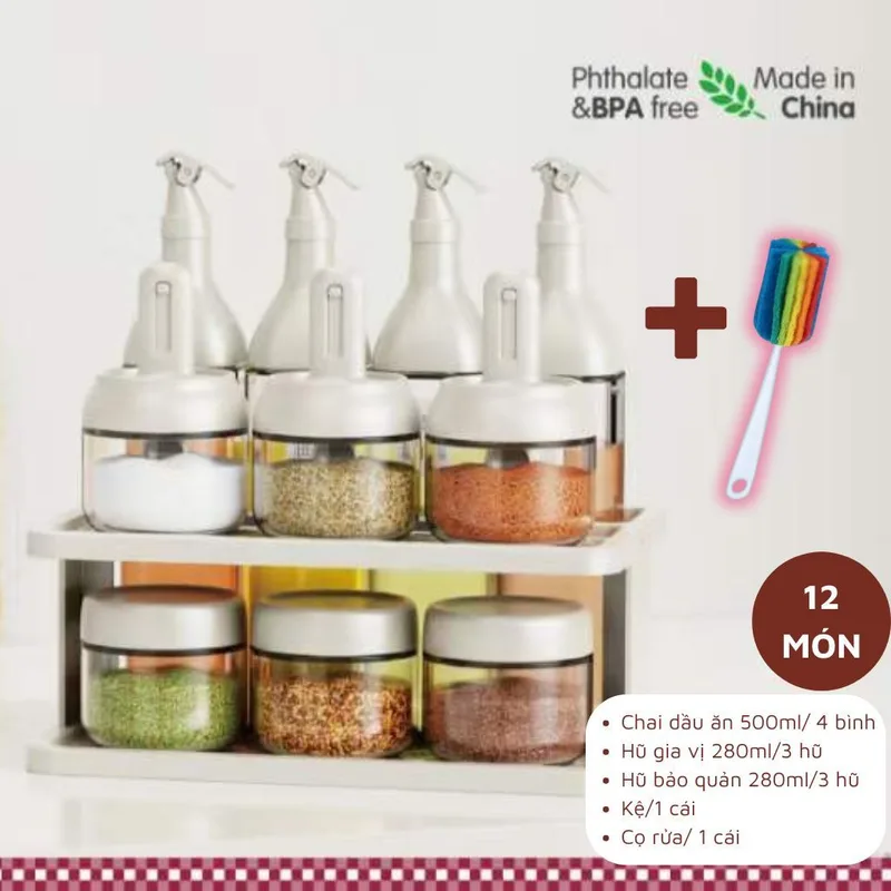 Bộ hũ đựng gia vị chai đựng dầu ăn kệ đựng gia vị bộ 12 m... - Chi tiết