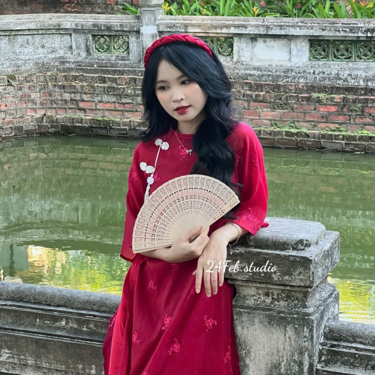 Set áo dài cách tân nữ 4 tà vải tơ thêu cổ tết tròn đính ... - Chi tiết