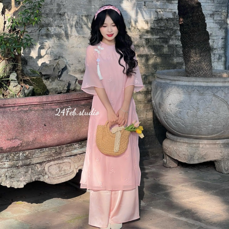 Set áo dài cách tân nữ 4 tà vải tơ thêu cổ tết tròn đính ... - Thiết kế