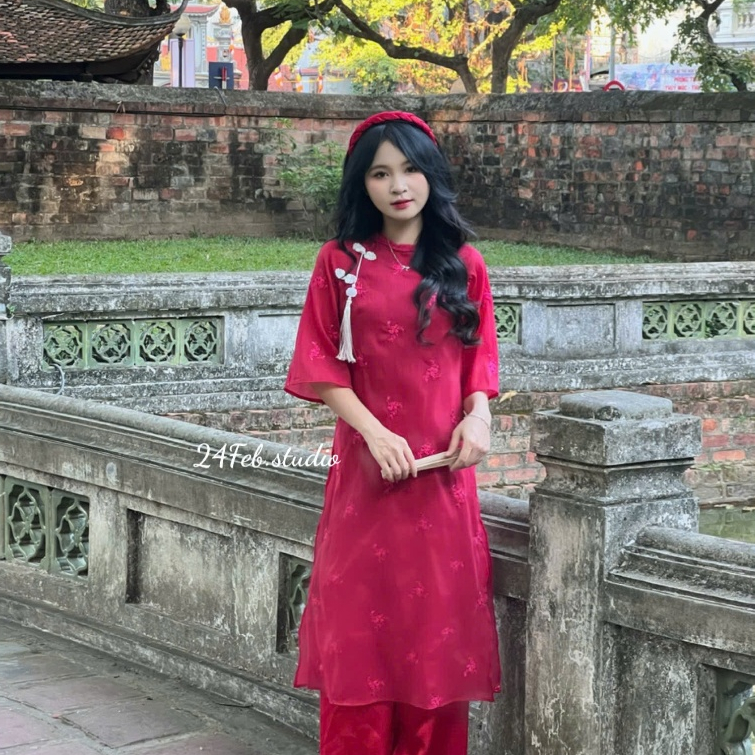 Set áo dài cách tân nữ 4 tà vải tơ thêu cổ tết tròn đính ... - Phụ kiện
