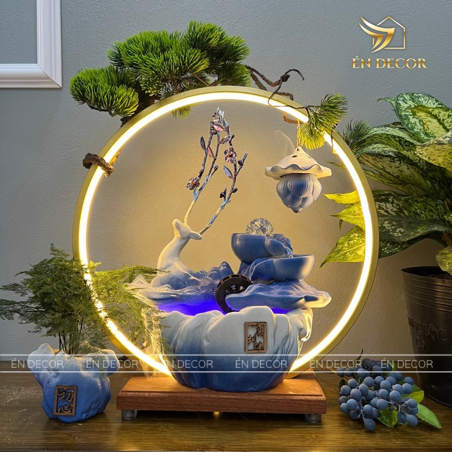 Thác nước phong thuỷ tượng hươu xanh đỏ ÉN DECOR kèm kệ đ... - Chi tiết